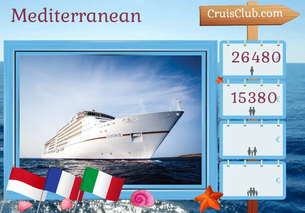 Cruise in the Mediterranean from Monte Carlo to Civitavecchia aboard MS EUROPA 2 ship with visits to Monaco, France, and Italy for 12 days