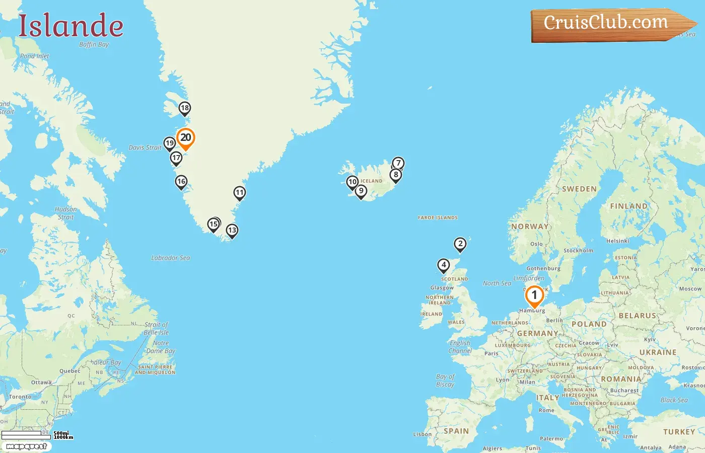 Croisière en Islande de Hambourg à Kangerlussuaq à bord du navire HANSEATIQUE spirit avec des visites en Allemagne, en Islande et au Groenland pendant 20 jours