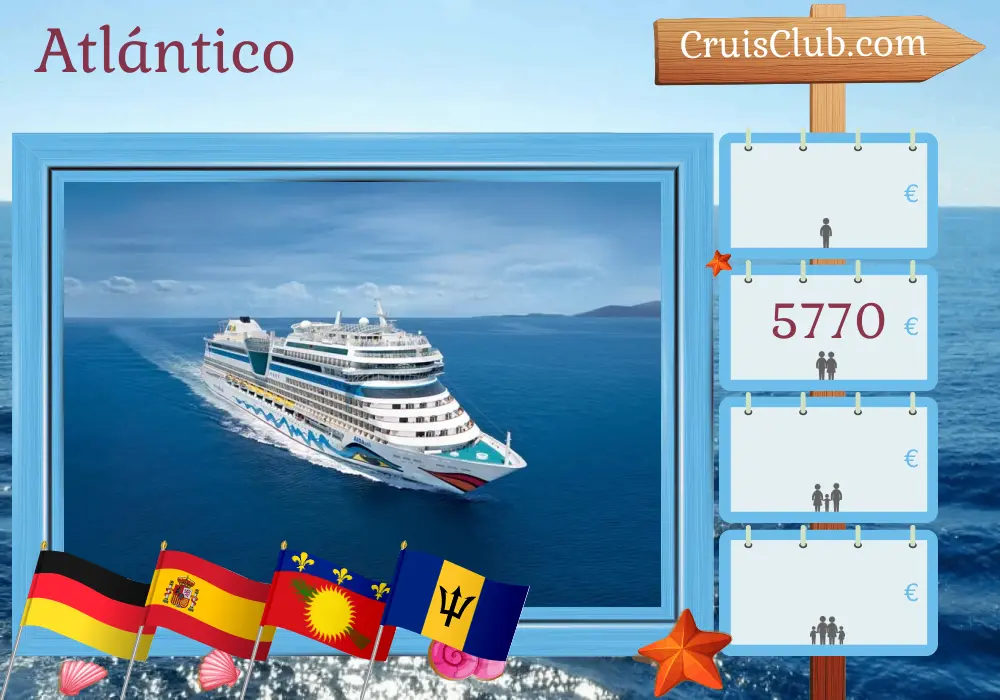 Crucero en el Transatlántico de Hamburgo a Fort-de-France a bordo del barco AIDAsol con visitas a Alemania, España, Guadalupe y Barbados por 22 días
