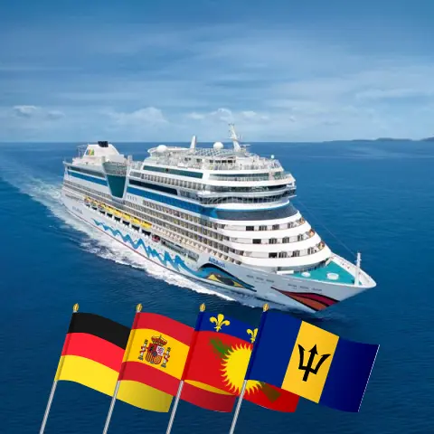 Cruise in the Transatlantic from Hamburg to Fort-de-France aboard AIDAsol ship with visits to Germany, Spain, Guadeloupe, and Barbados for 22 days