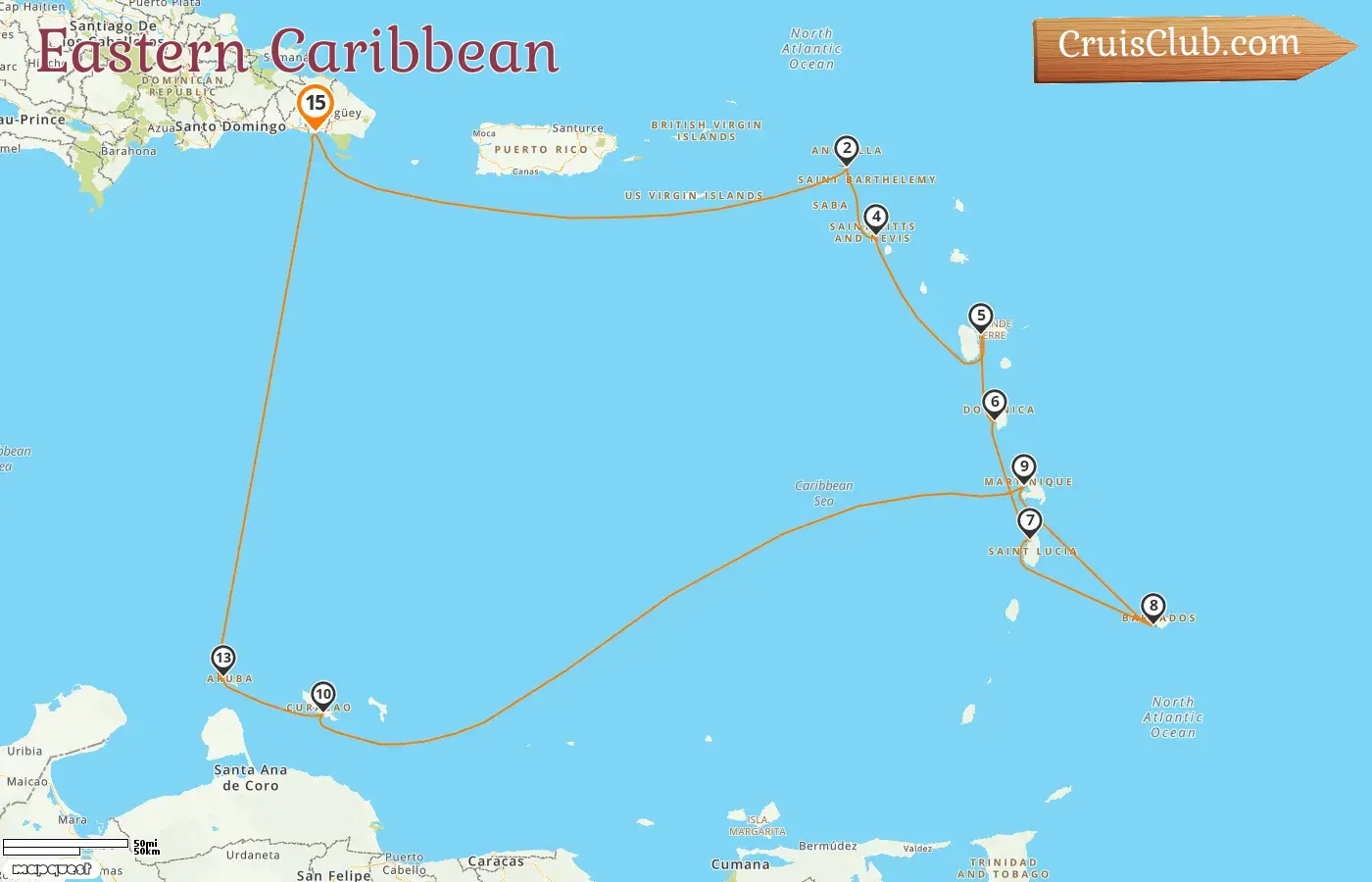 Cruise in the Eastern Caribbean from La Romana aboard AIDAsol ship with visits to Guadeloupe, Barbados, Curaçao, and Aruba for 15 days
