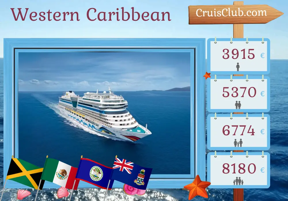 Cruise in the Western Caribbean from La Romana aboard AIDAsol ship with visits to Jamaica, Mexico, Belize, and Cayman Islands for 15 days