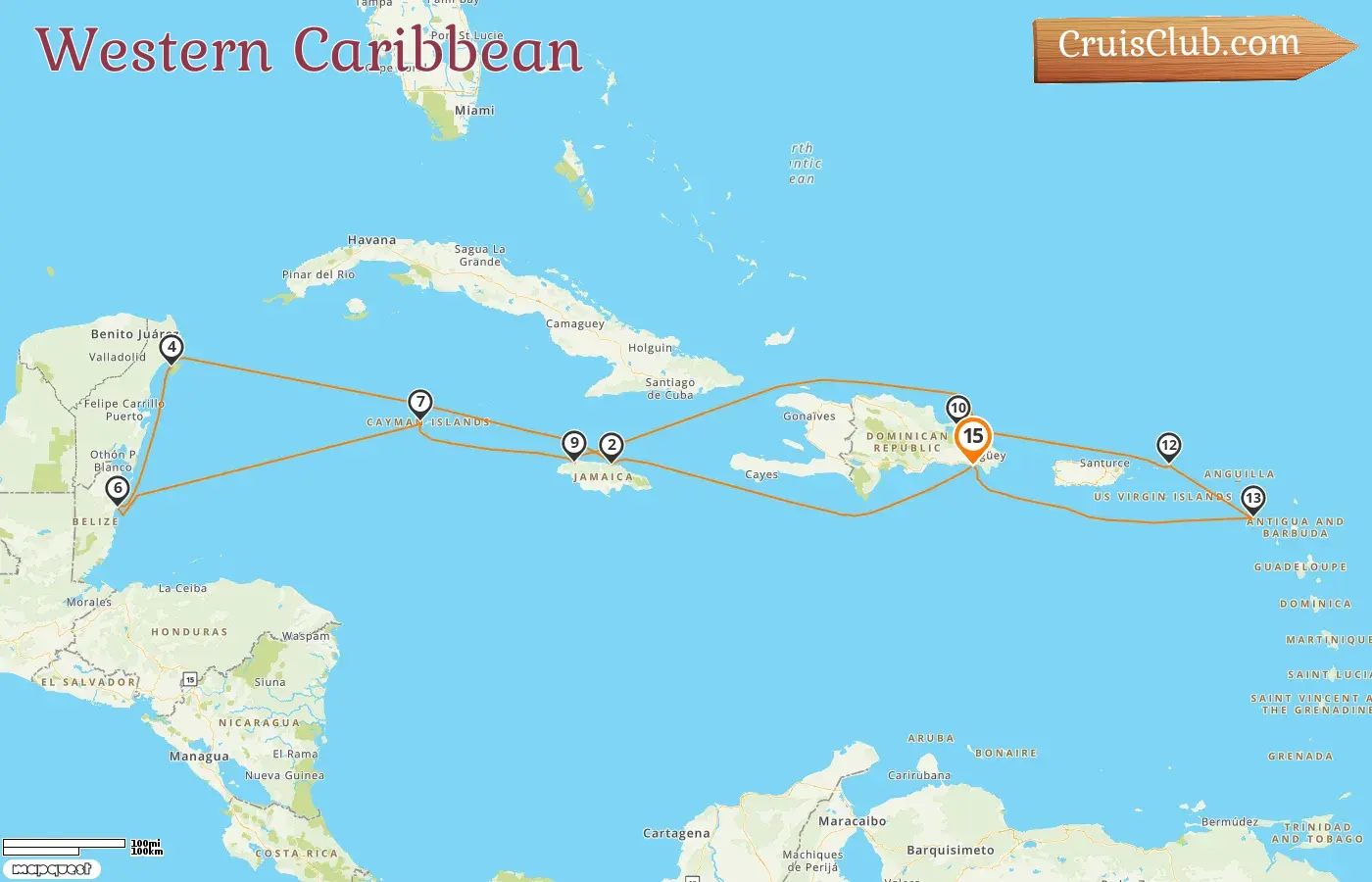 Cruise in the Western Caribbean from La Romana aboard AIDAsol ship with visits to Jamaica, Mexico, Belize, and Cayman Islands for 15 days