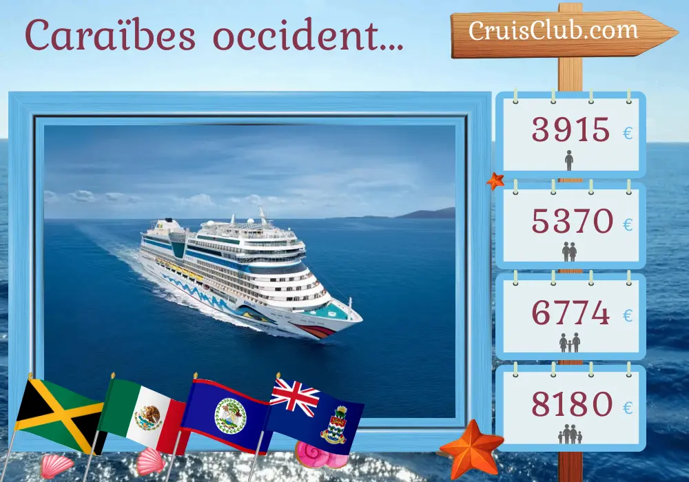 Croisière dans les Caraïbes occidentales au départ de La Romana à bord du navire AIDAsol avec des visites en Jamaïque, au Mexique, au Belize et aux îles Caïmans pendant 15 jours