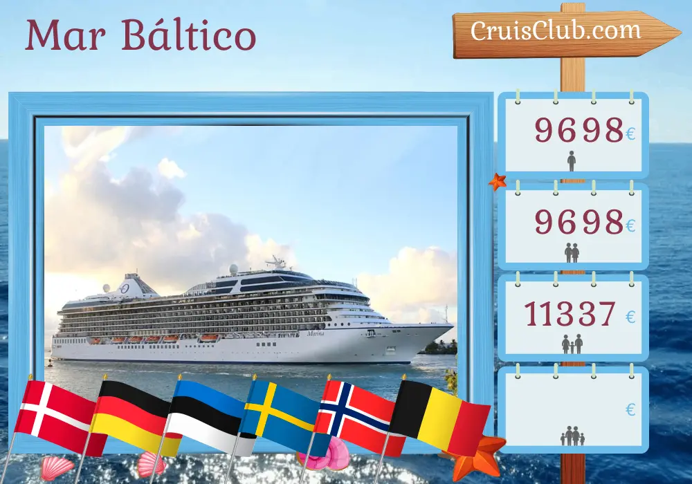 Cruzeiro no Mar Báltico a partir de Southampton a bordo do navio Oceania Marina com visitas à Dinamarca, Alemanha, Estônia, Suécia, Noruega e Bélgica por 15 dias