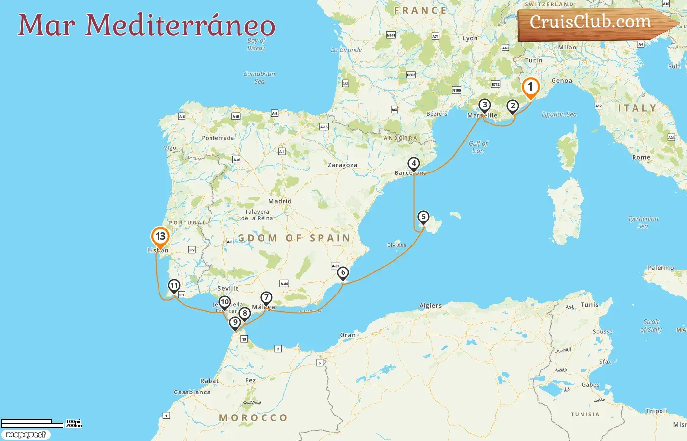Crucero por el Mediterráneo desde Monte Carlo hasta Lisboa a bordo del barco Oceania Nautica con visitas a Mónaco, Francia, España, Gibraltar, Marruecos y Portugal por 13 días
