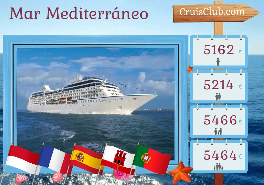 Crucero por el Mediterráneo desde Monte Carlo hasta Lisboa a bordo del barco Oceania Nautica con visitas a Mónaco, Francia, España, Gibraltar, Marruecos y Portugal por 13 días