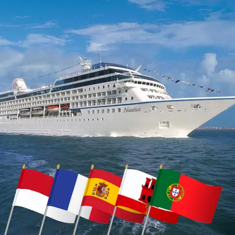 Cruise in the Mediterranean from Monte Carlo to Lisbon aboard Oceania Nautica ship with visits to Monaco, France, Spain, Gibraltar, Morocco, and Portugal for 13 days