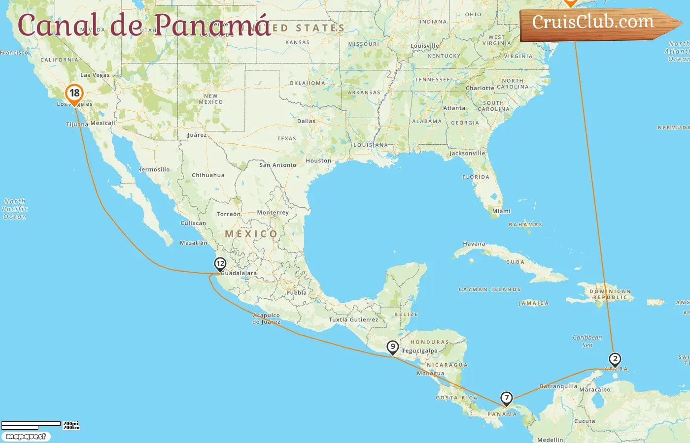 Crucero en el Canal de Panamá de Nueva York a Los Ángeles a bordo del barco Queen Victoria con visitas a EE. UU., Aruba, Panamá, El Salvador y México durante 18 días