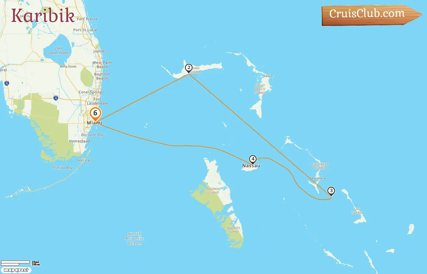 Kreuzfahrt in der Karibik ab Miami an Bord des Carnival Sunrise Schiffes mit Besuchen in den USA und auf den Bahamas für 6 Tage