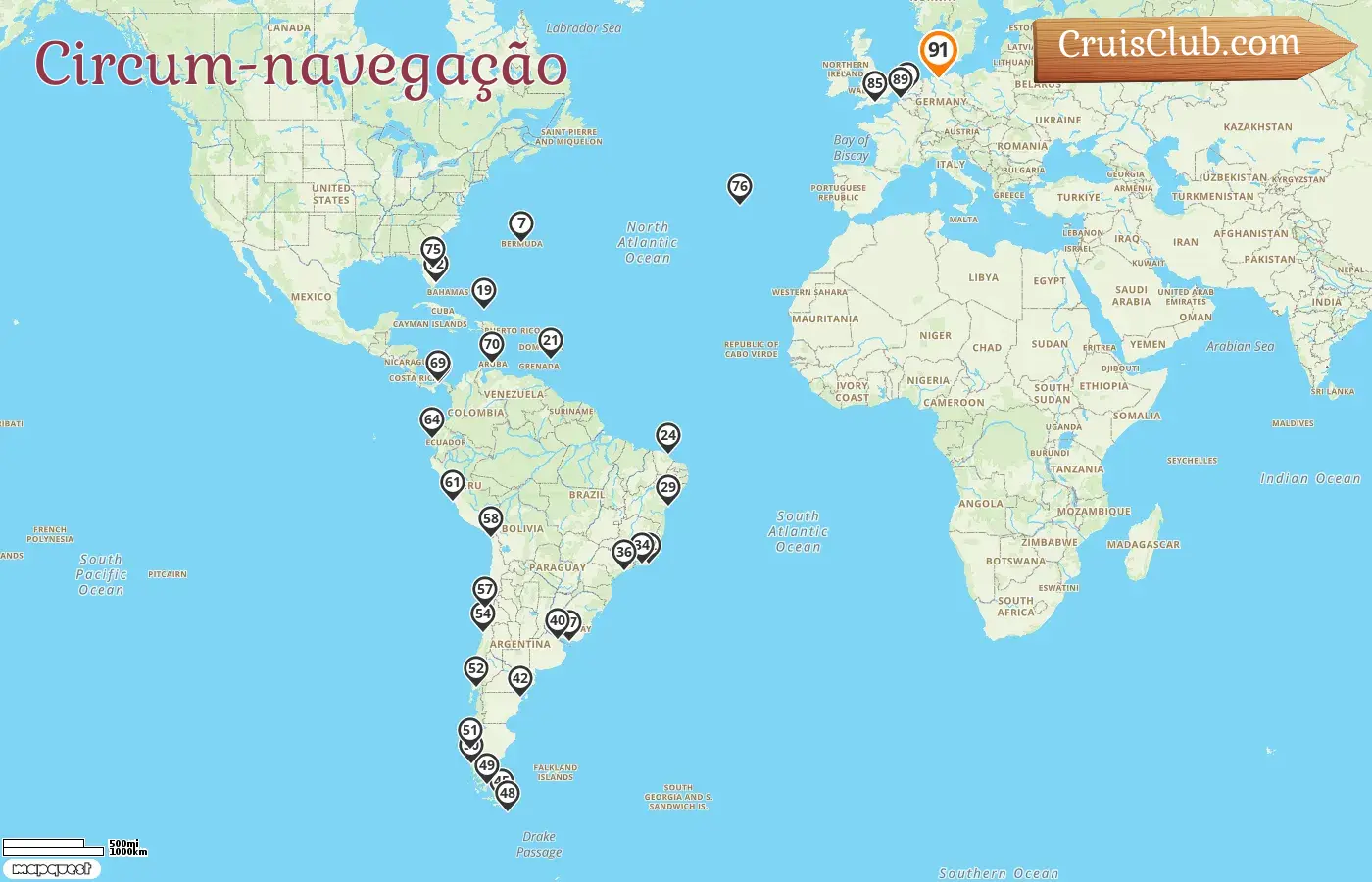 Cruzeiro na viagem pelo mundo partindo de Hamburgo a bordo do navio Queen Anne com visitas à Alemanha, Bélgica, Bermudas, EUA, Barbados, Brasil, Uruguai, Argentina, Chile, Peru, Equador, Panamá, Aruba e Portugal por 91 dias