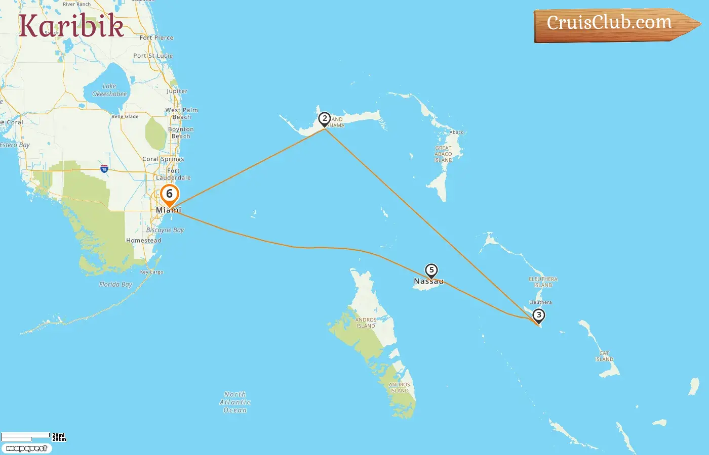 Kreuzfahrt in der Karibik ab Miami an Bord des Carnival Sunrise Schiffes mit Besuchen in den USA und auf den Bahamas für 6 Tage