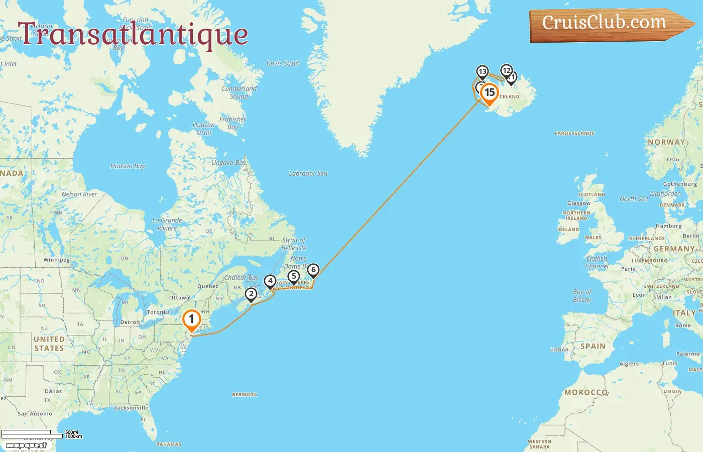 Croisière transatlantique de New York à Reykjavik à bord du navire Oceania Vista avec des escales aux États-Unis, au Canada, à Saint-Pierre-et-Miquelon et en Islande pendant 15 jours