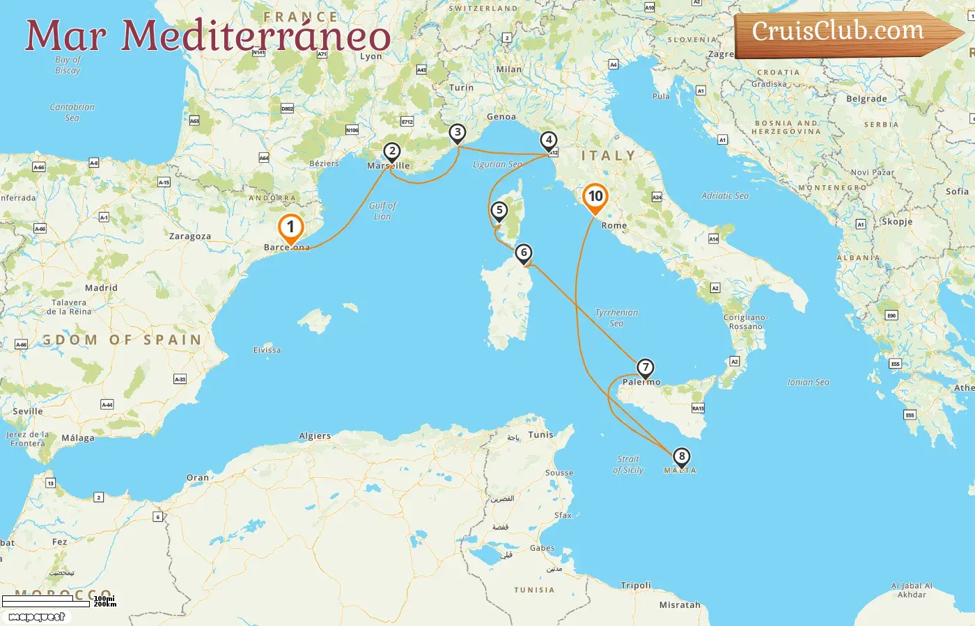 Crucero por el Mediterráneo de Barcelona a Civitavecchia a bordo del barco Oceania Allura con visitas a España, Francia, Mónaco, Italia y Malta durante 10 días