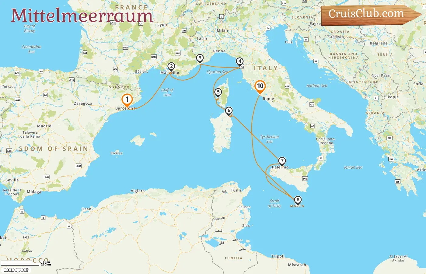 Kreuzfahrt im Mittelmeer von Barcelona nach Civitavecchia an Bord des Oceania Allura Schiffes mit Stopps in Spanien, Frankreich, Monaco, Italien und Malta für 10 Tage