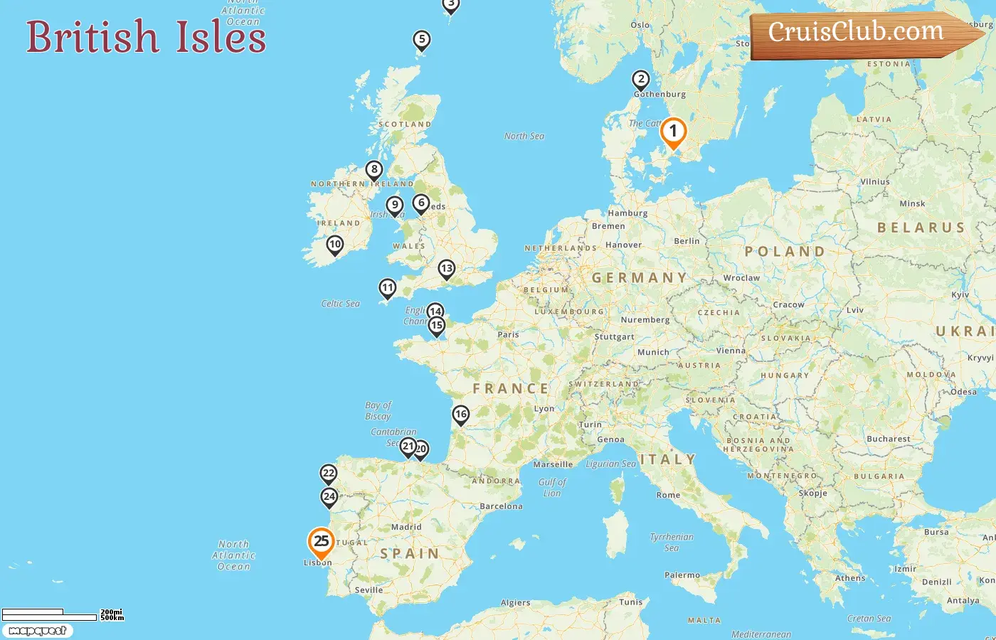 Cruise in the British Isles from Copenhagen to Lisbon aboard Silver Dawn ship with visits to Denmark, Ireland, Jersey, France, and Spain for 25 days