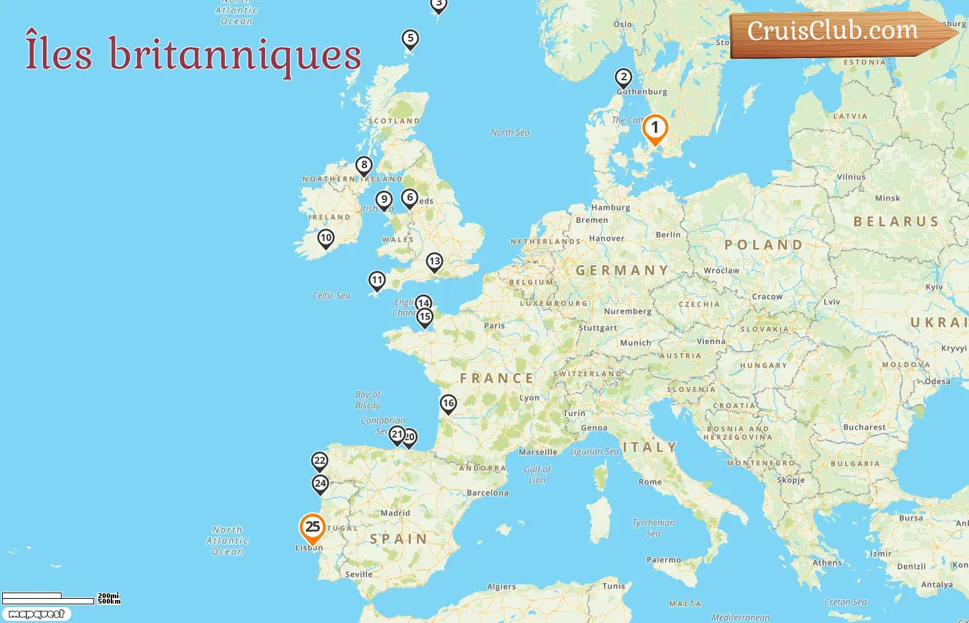 Croisière dans les îles britanniques de Copenhague à Lisbonne à bord du navire Silver Dawn avec des escales au Danemark, en Irlande, à Jersey, en France et en Espagne pendant 25 jours