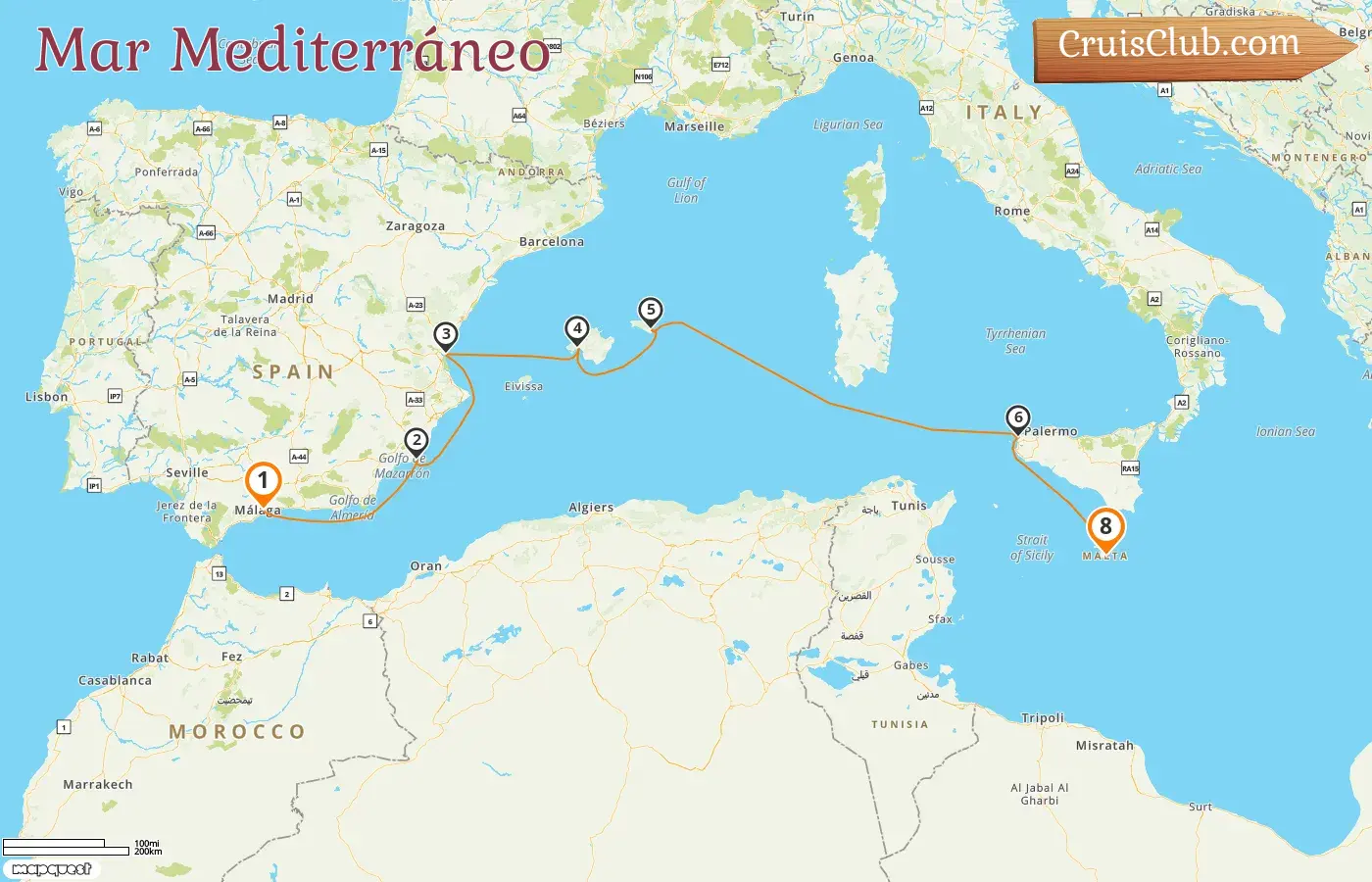 Crucero en el Mediterráneo de Málaga a La Valeta a bordo del barco Le Bougainville con visitas a España, Italia y Malta durante 8 días