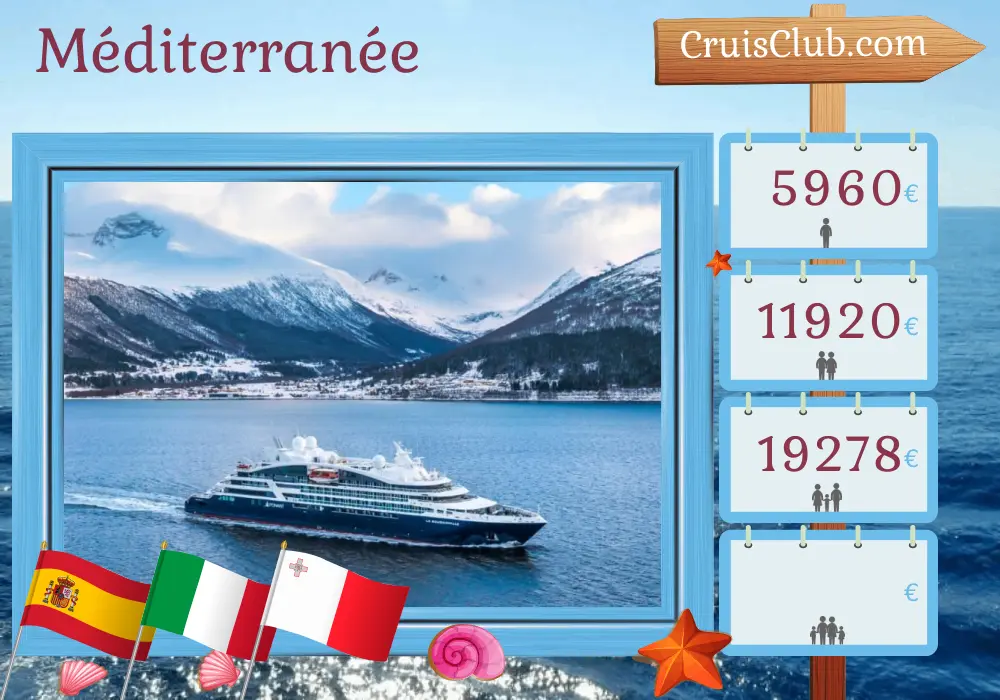 Croisière en Méditerranée de Malaga à La Valette à bord du navire Le Bougainville avec des visites en Espagne, en Italie et à Malte pendant 8 jours