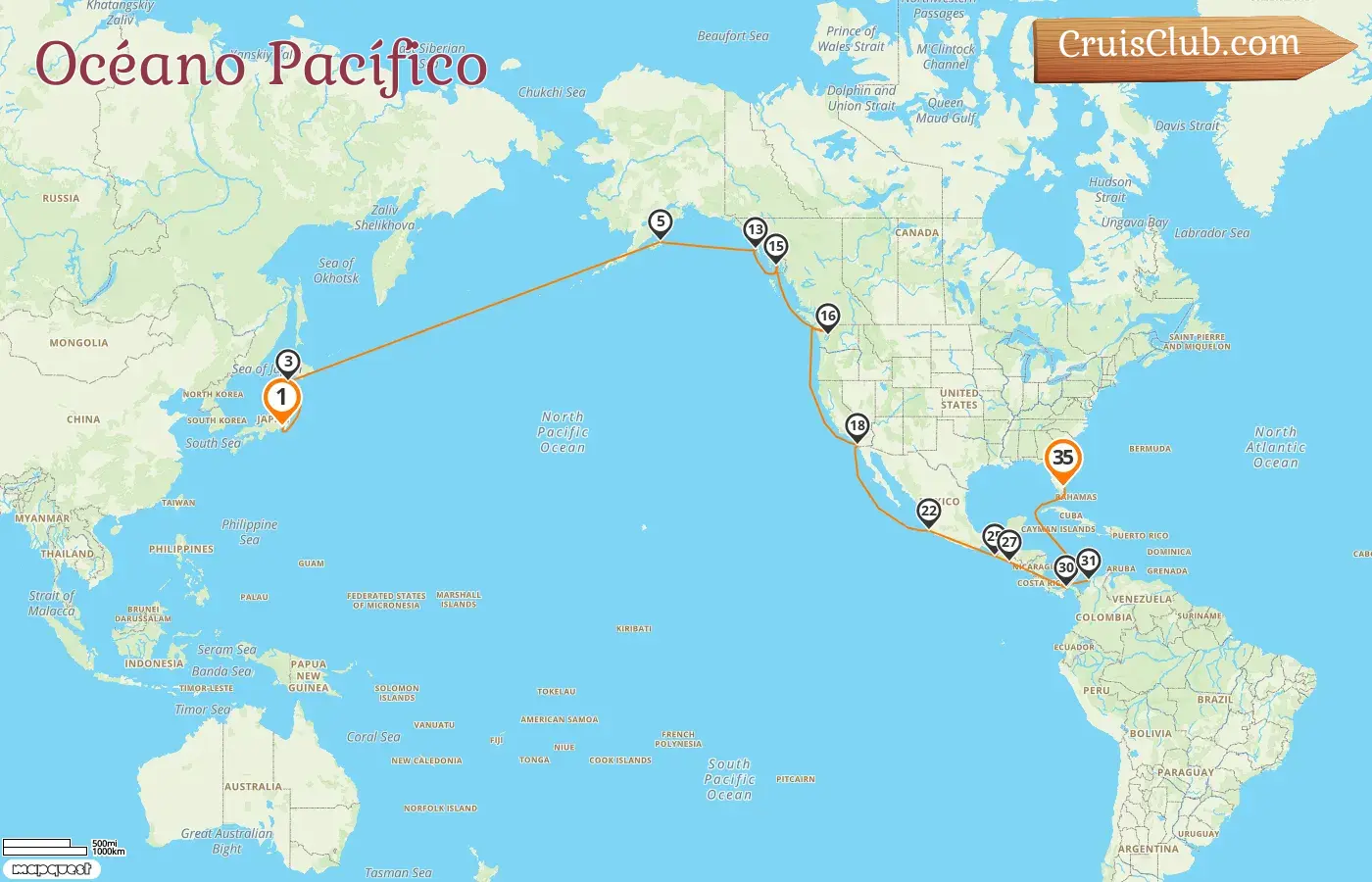 Crucero por el océano Pacífico de Yokohama a Fort Lauderdale a bordo del barco Volendam con visitas a Japón, EE. UU., México, El Salvador, Panamá y Colombia durante 35 días