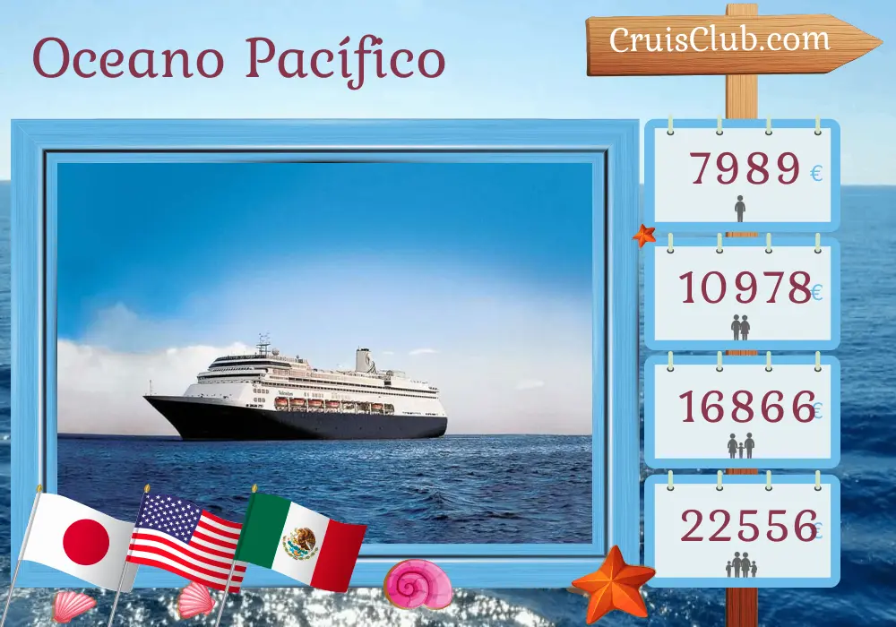 Cruzeiro no Oceano Pacífico de Yokohama para Fort Lauderdale a bordo do navio Volendam com visitas ao Japão, EUA, México, El Salvador, Panamá e Colômbia por 35 dias