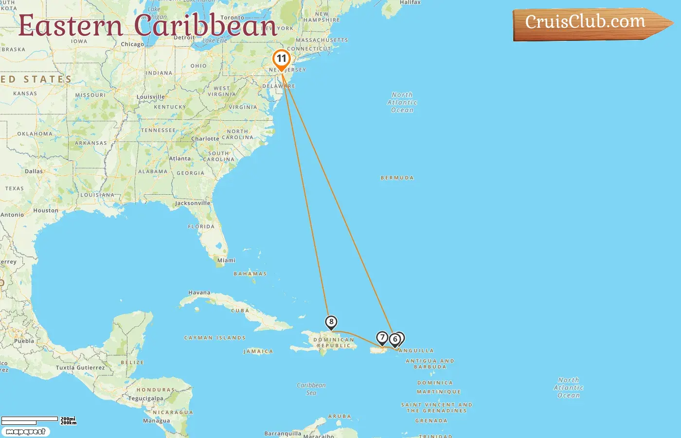 Cruise in the Eastern Caribbean from Philadelphia aboard Norwegian Pearl ship with visits to USA, British Virgin Islands, Puerto Rico, and Dominican Republic for 11 days