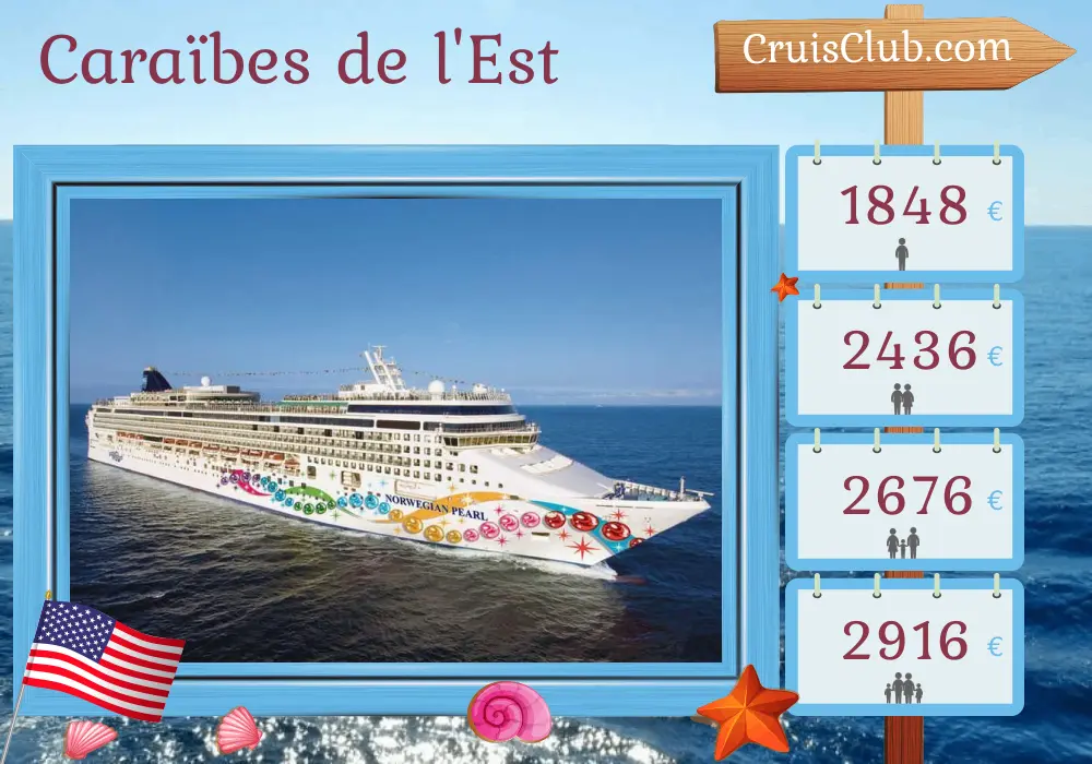 Croisière dans les Caraïbes de l`Est depuis Philadelphie à bord du navire Norwegian Pearl avec des visites aux États-Unis, aux îles Vierges britanniques, à Porto Rico et en République dominicaine pendant 11 jours