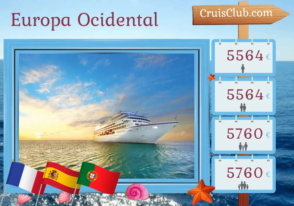 Cruzeiro pela Europa Ocidental de Southampton a Barcelona a bordo do navio Oceania Sirena com visitas a França, Espanha e Portugal por 13 dias