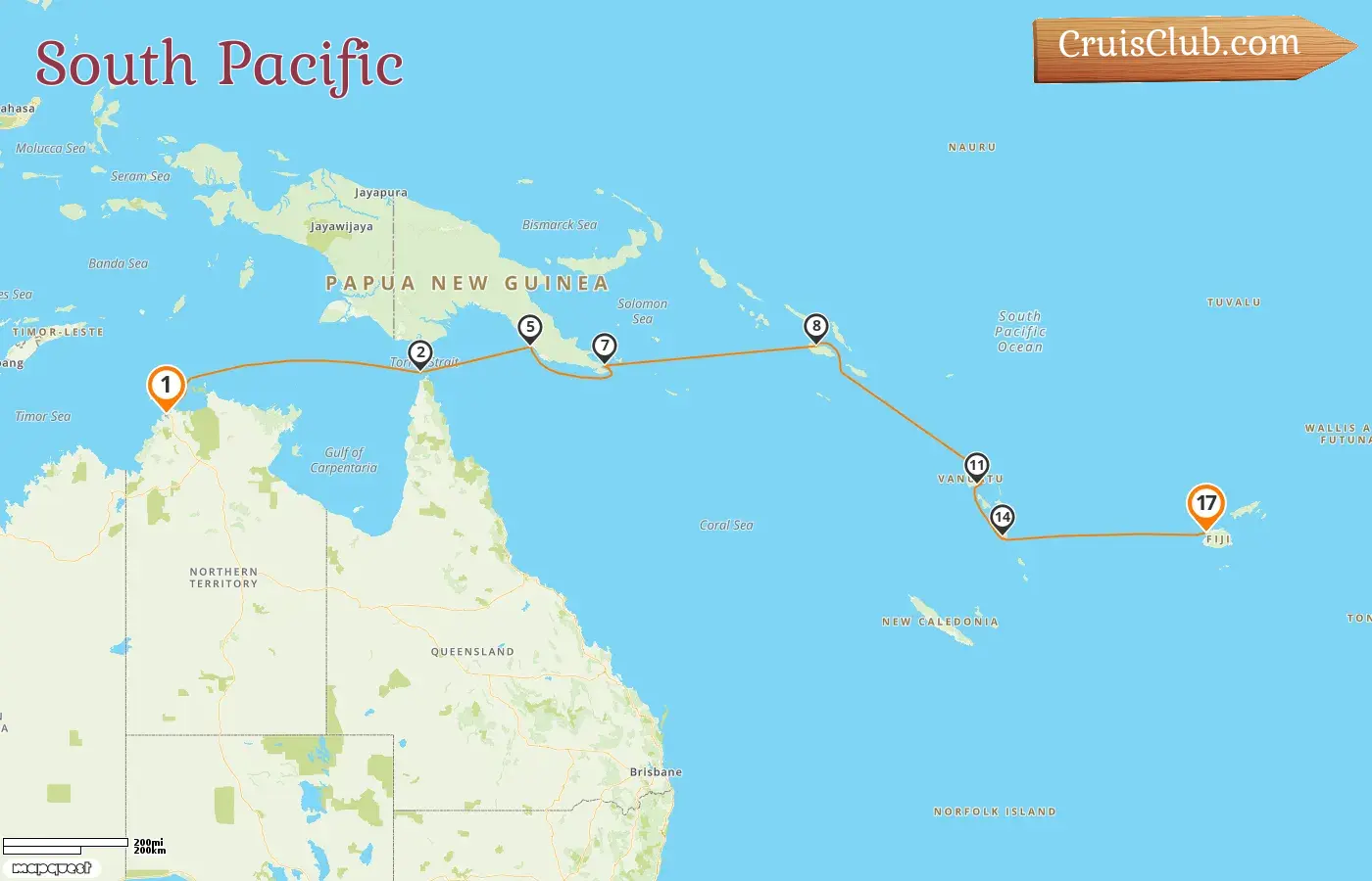 Cruise in the South Pacific from Darwin to Lautoka aboard Le Jacques Cartier ship with visits to Australia, Papua New Guinea, Vanuatu, and Fiji for 17 days