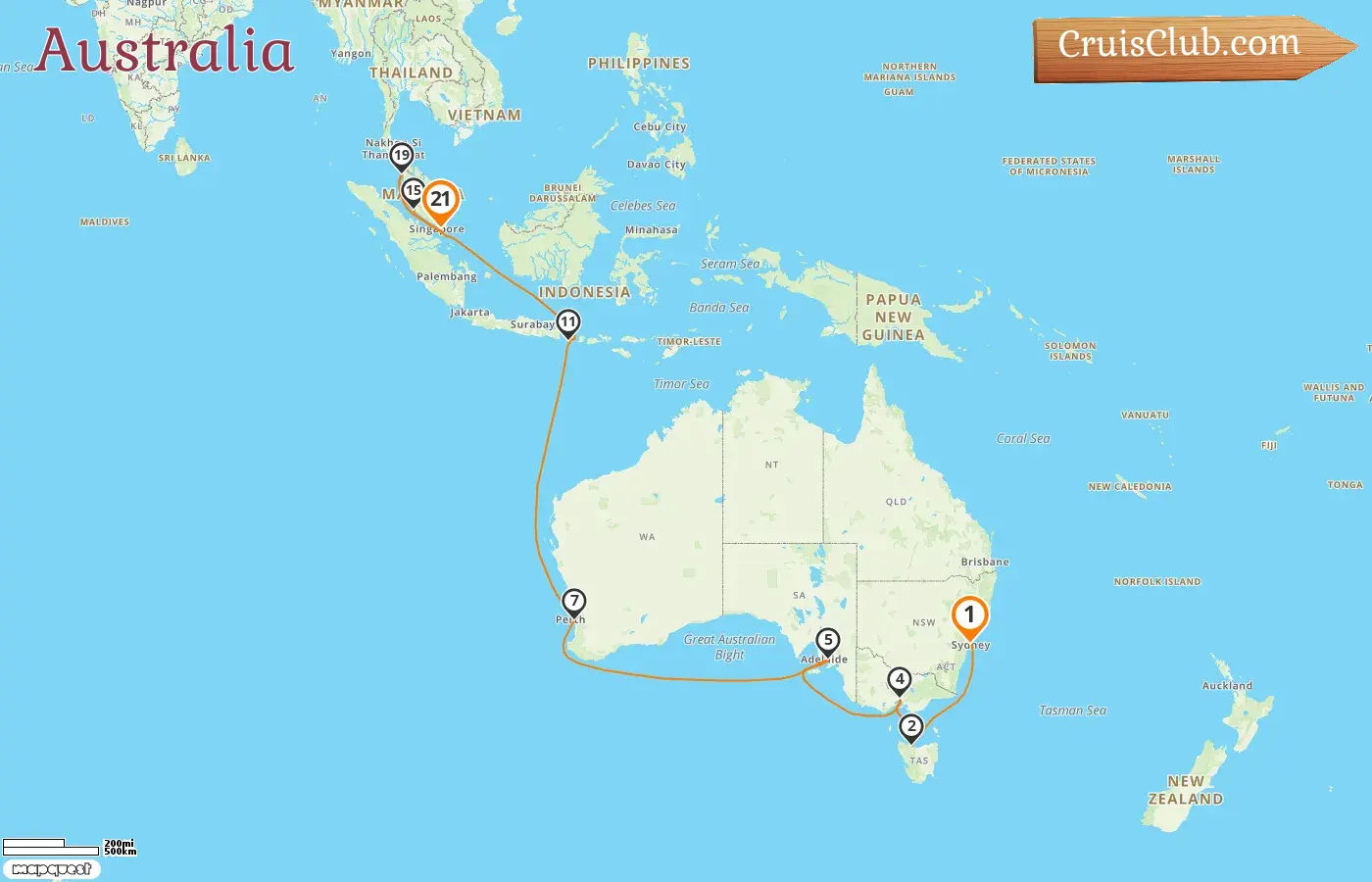 Cruise in the Australia from Sydney to Singapore aboard Coral Princess ship with visits to Australia, Indonesia, Malaysia, and Singapore for 21 days