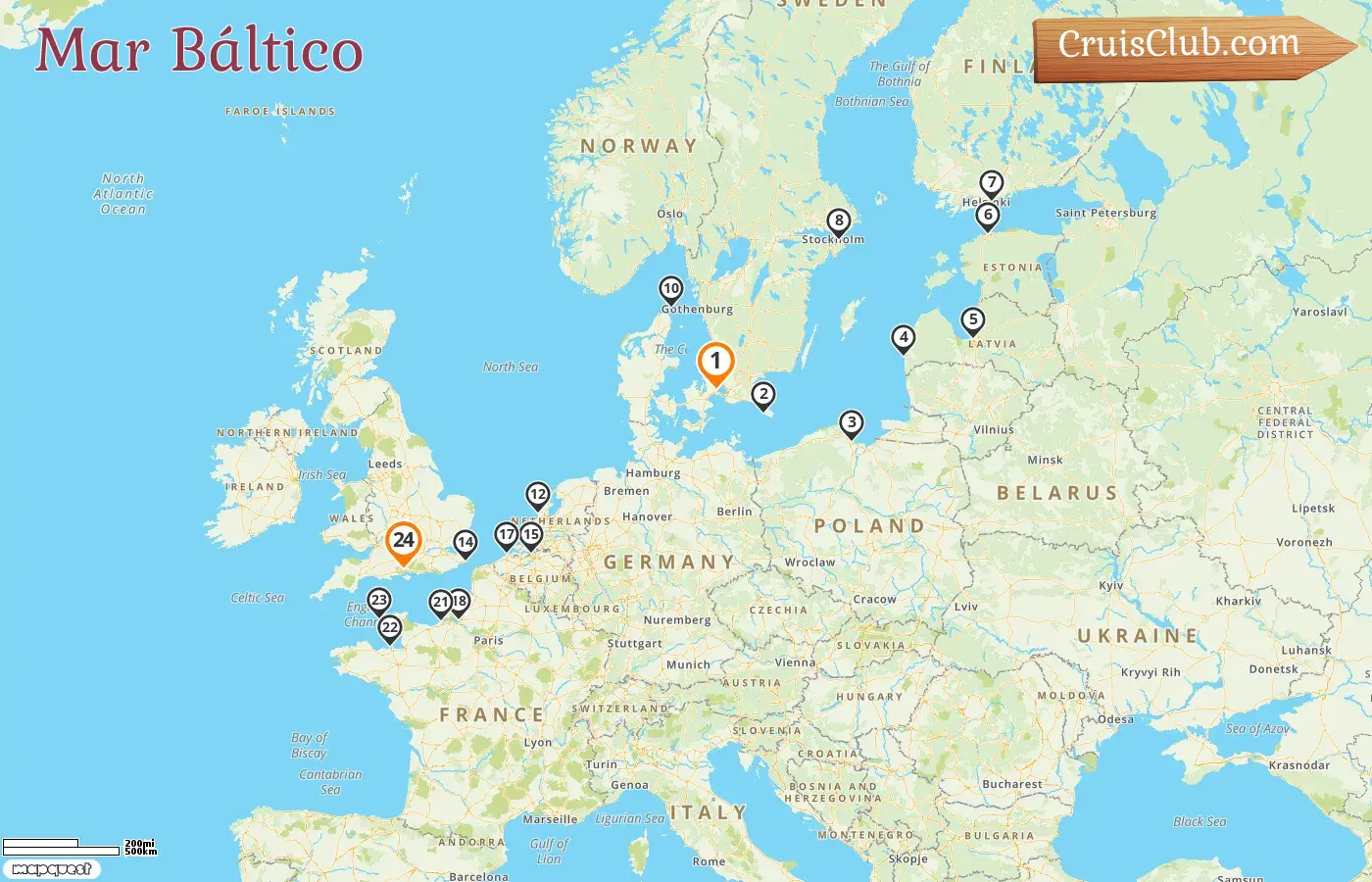 Cruzeiro no Mar Báltico de Copenhague para Southampton a bordo do navio Silver Spirit com visitas à Dinamarca, Polônia, Letônia, Estônia, Finlândia, Suécia, Holanda, Bélgica, França e Guernsey por 24 dias