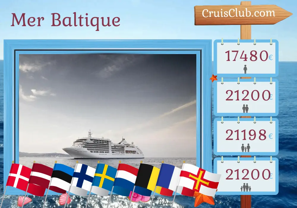 Croisière en mer Baltique de Copenhague à Southampton à bord du navire Silver Spirit avec des visites au Danemark, en Pologne, en Lettonie, en Estonie, en Finlande, en Suède, aux Pays-Bas, en Belgique, en France et à Guernesey pendant 24 jours