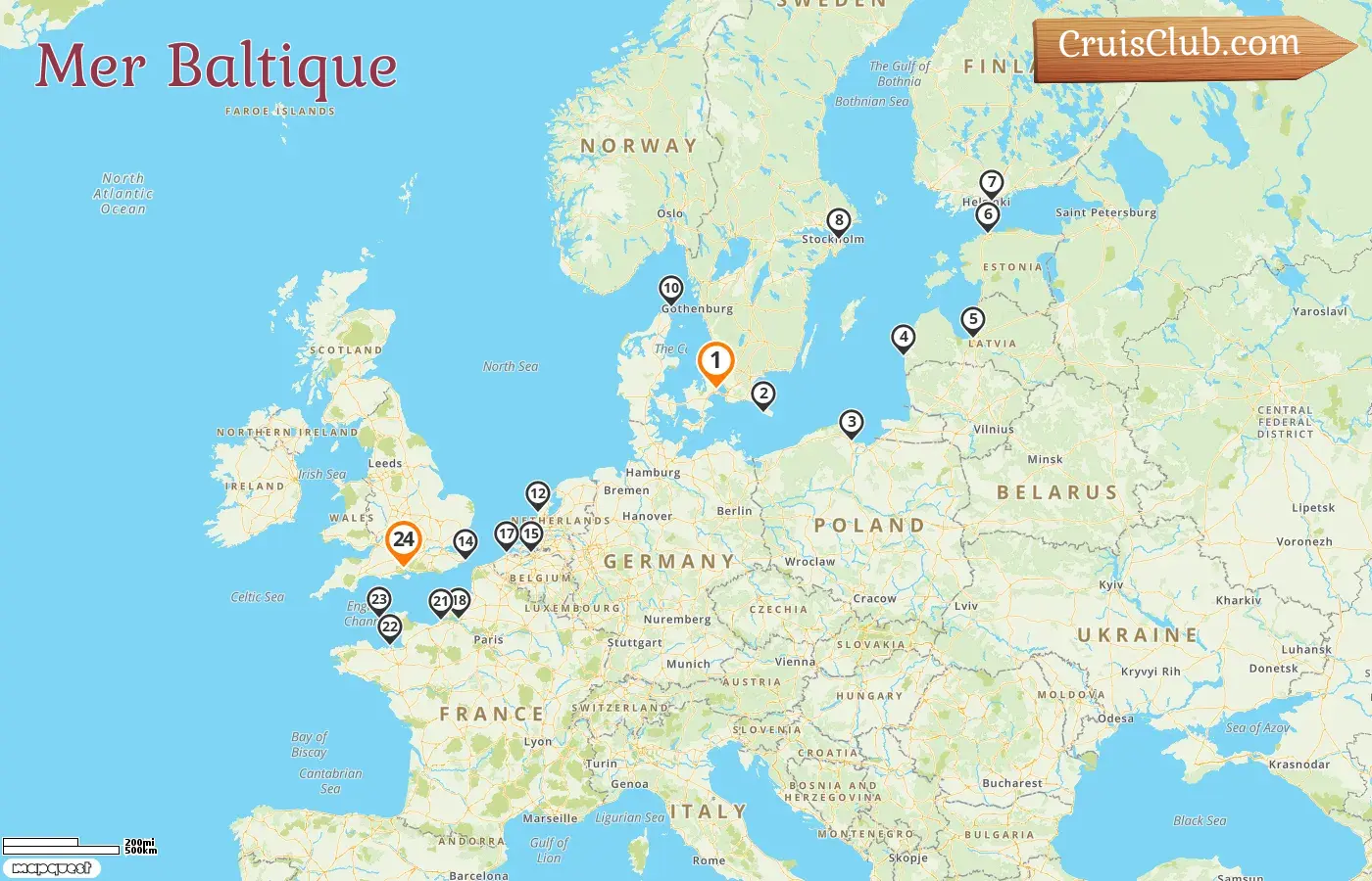 Croisière en mer Baltique de Copenhague à Southampton à bord du navire Silver Spirit avec des visites au Danemark, en Pologne, en Lettonie, en Estonie, en Finlande, en Suède, aux Pays-Bas, en Belgique, en France et à Guernesey pendant 24 jours