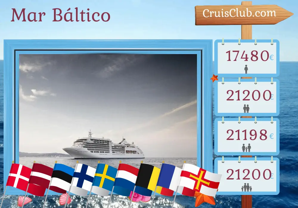 Crucero en el Mar Báltico desde Copenhague a Southampton a bordo del barco Silver Spirit con visitas a Dinamarca, Polonia, Letonia, Estonia, Finlandia, Suecia, Países Bajos, Bélgica, Francia y Guernsey por 24 días