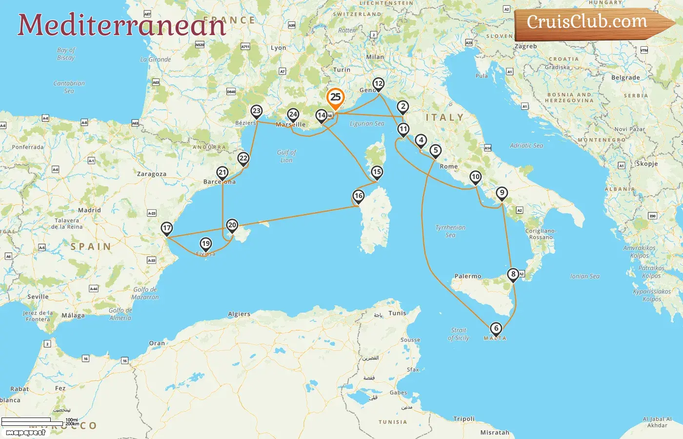Cruise in the Mediterranean from Nice aboard Silver Shadow ship with visits to France, Italy, Malta, and Spain for 25 days