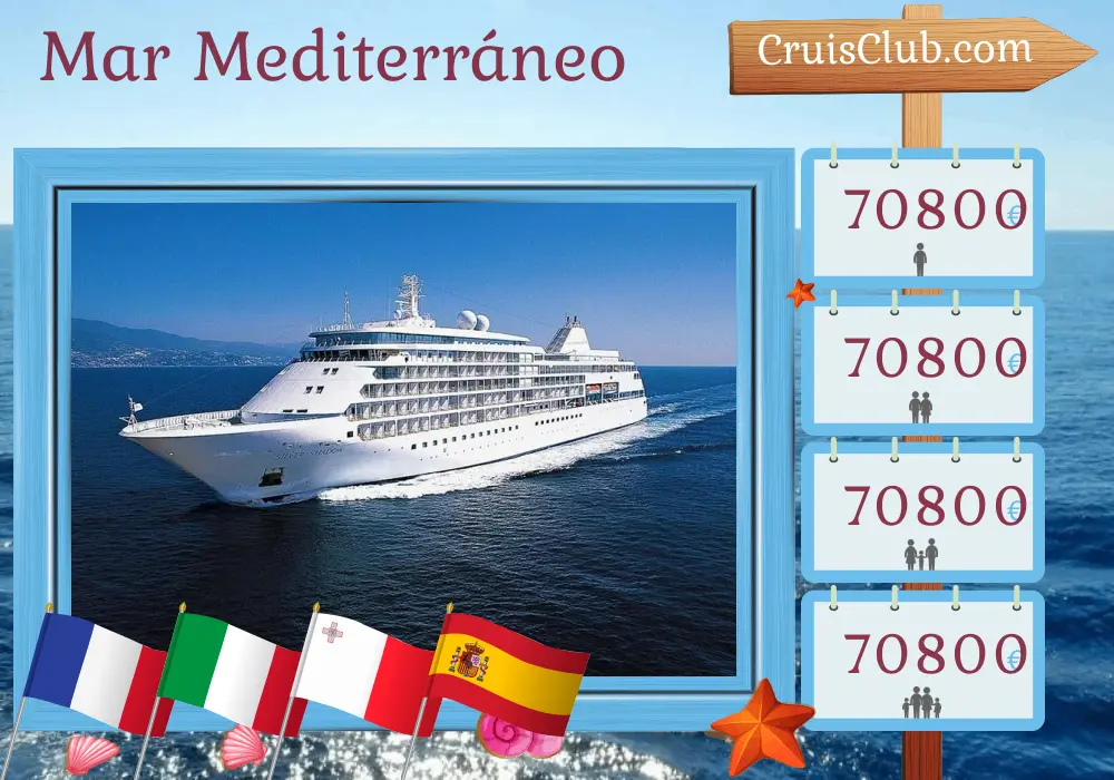 Crucero por el Mediterráneo desde Niza a bordo del barco Silver Shadow con visitas a Francia, Italia, Malta y España durante 25 días