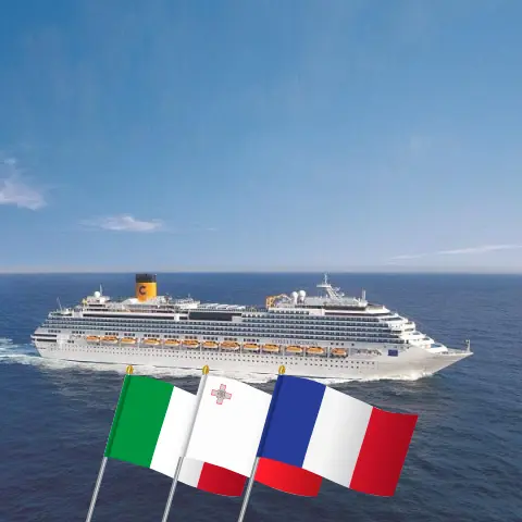 Cruise in the Mediterranean from Catania to Savona aboard Costa Fascinosa ship with visits to Italy, Malta, Tunisia, and France for 9 days