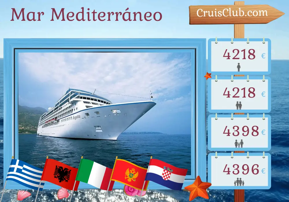 Crucero por el Mediterráneo de El Pireo a Dubrovnik a bordo del barco Oceania Regatta con visitas a Grecia, Albania, Italia, Montenegro y Croacia durante 8 días