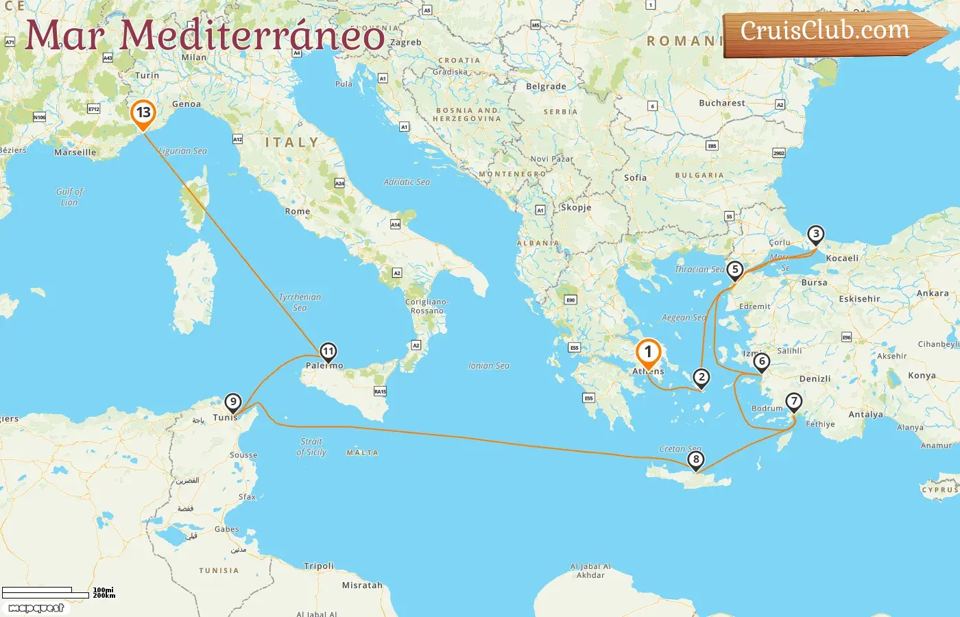Crucero por el Mediterráneo desde El Pireo hasta Montecarlo a bordo del barco Oceania Regatta con visitas a Grecia, Turquía, Túnez, Italia y Mónaco durante 13 días