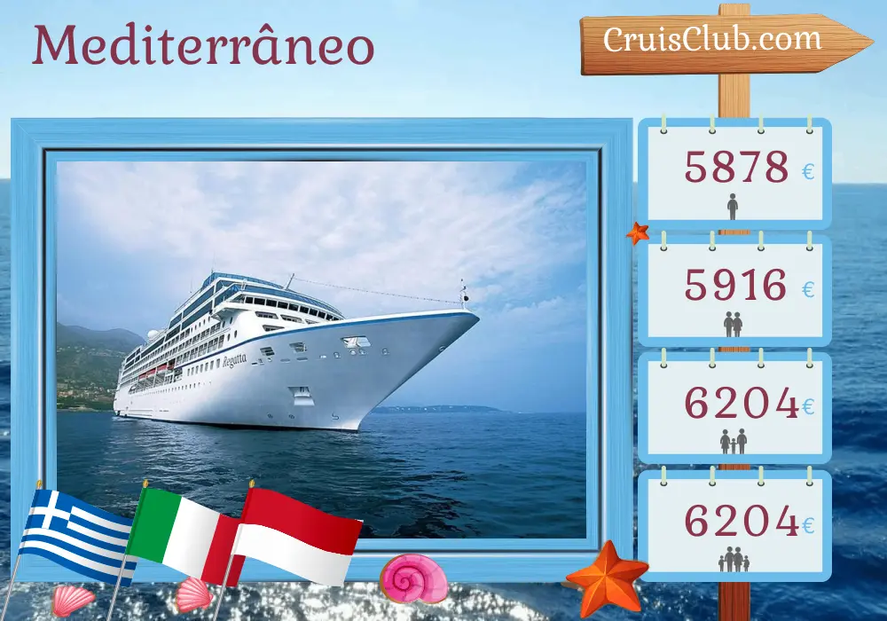 Cruzeiro no Mediterrâneo de Pireu a Monte Carlo a bordo do navio Oceania Regatta com visitas à Grécia, Turquia, Tunísia, Itália e Mônaco por 13 dias