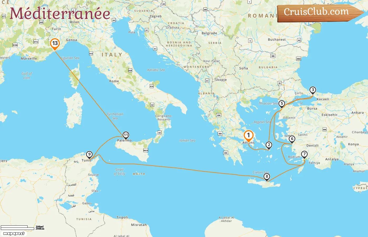 Croisière en Méditerranée de Le Pirée à Monte-Carlo à bord du navire Oceania Regatta avec des escales en Grèce, en Turquie, en Tunisie, en Italie et à Monaco pendant 13 jours