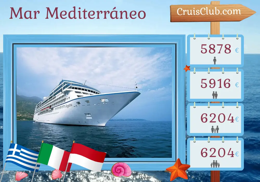 Crucero por el Mediterráneo desde El Pireo hasta Montecarlo a bordo del barco Oceania Regatta con visitas a Grecia, Turquía, Túnez, Italia y Mónaco durante 13 días