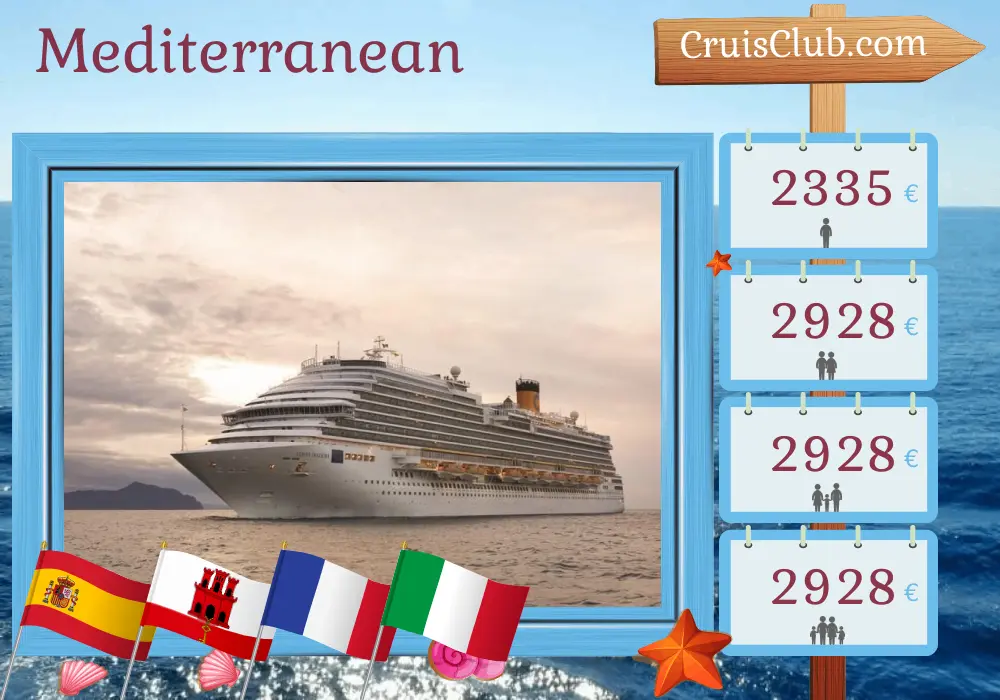 Cruise in the Mediterranean from Barcelona aboard Costa Diadema ship with visits to Spain, Gibraltar, France, and Italy for 12 days