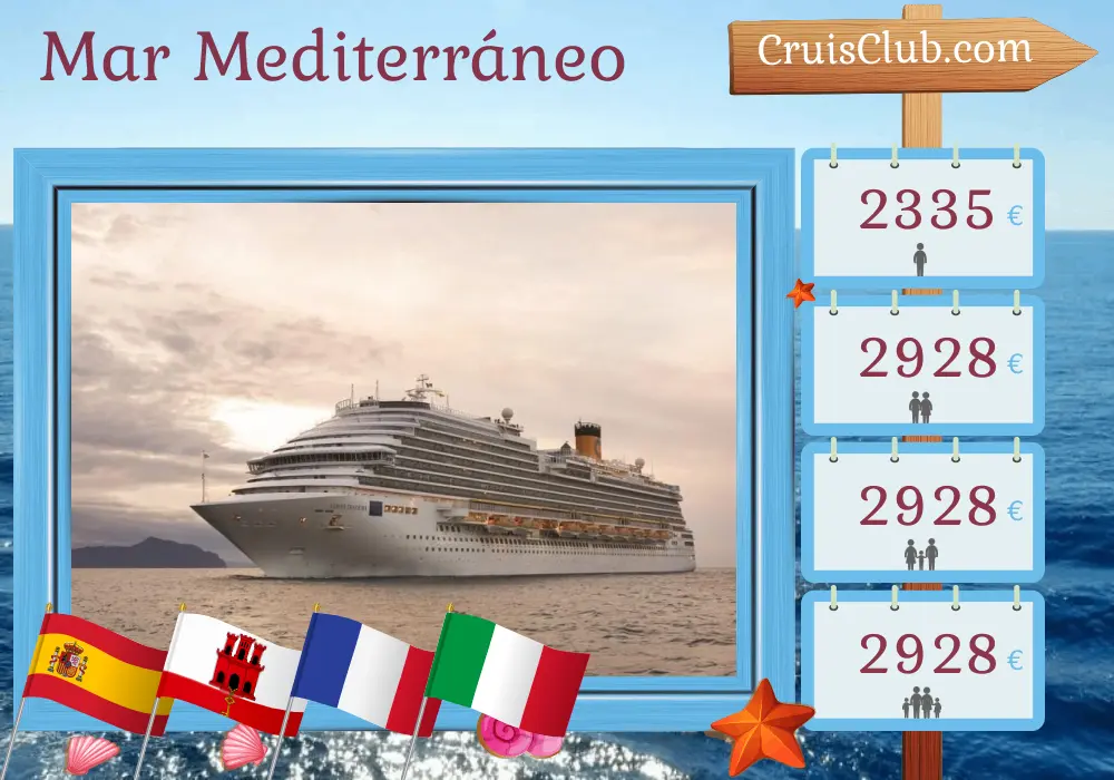 Crucero por el Mediterráneo desde Barcelona a bordo del barco Costa Diadema con visitas a España, Gibraltar, Francia e Italia durante 12 días