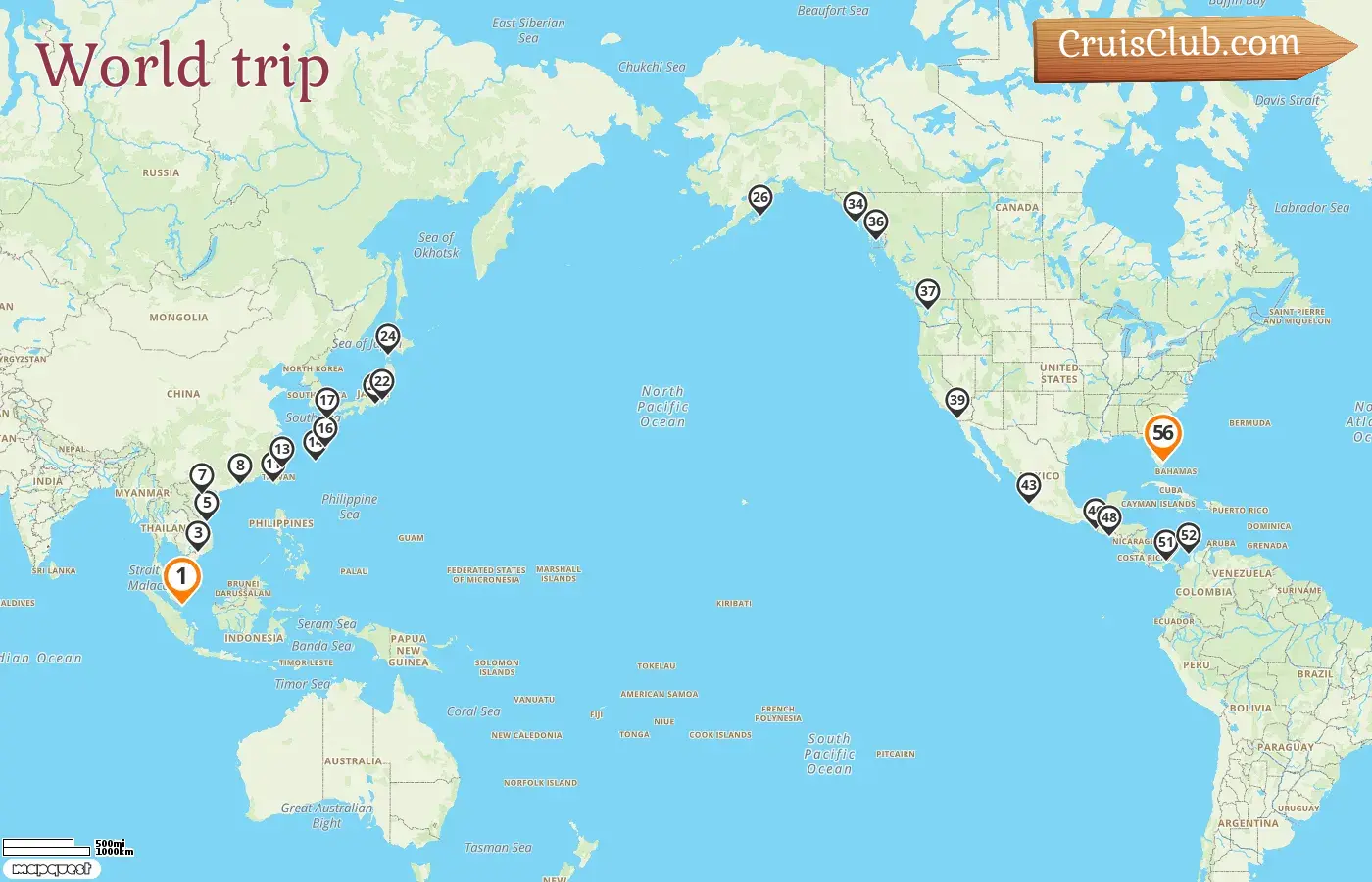 Cruise in the World trip from Singapore to Fort Lauderdale aboard Volendam ship with visits to Singapore, Viet Nam, Hong Kong, Taiwan, Japan, USA, Mexico, El Salvador, Panama, and Colombia for 56 days