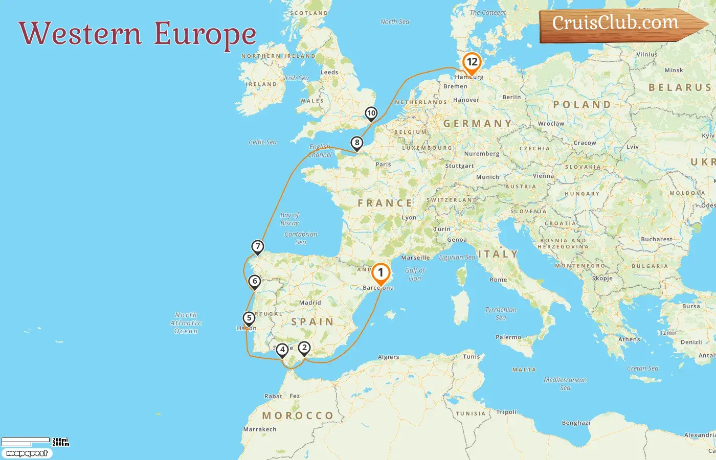 Cruise in the Western Europe from Barcelona to Hamburg aboard Costa Favolosa ship with visits to Spain, France, and Germany for 12 days