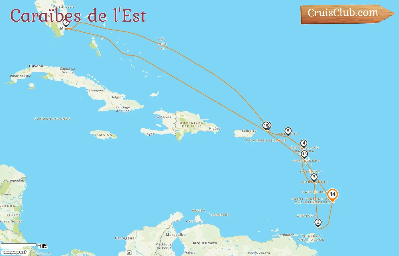 Croisière dans les Caraïbes de l`Est au départ de Bridgetown à bord du navire EXPLORA I avec des visites à la Barbade, Trinité-et-Tobago, USA, Îles Vierges britanniques et Guadeloupe pendant 14 jours