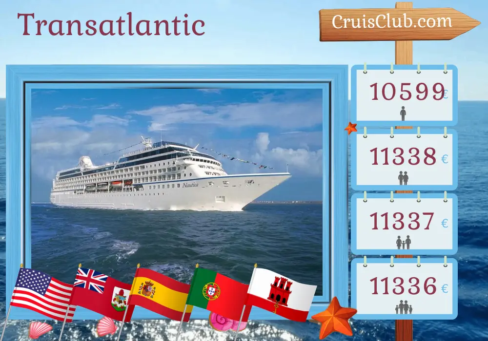 Cruise in the Transatlantic from Miami to Barcelona aboard Oceania Nautica ship with visits to USA, Bermuda, Spain, Morocco, Portugal, and Gibraltar for 26 days