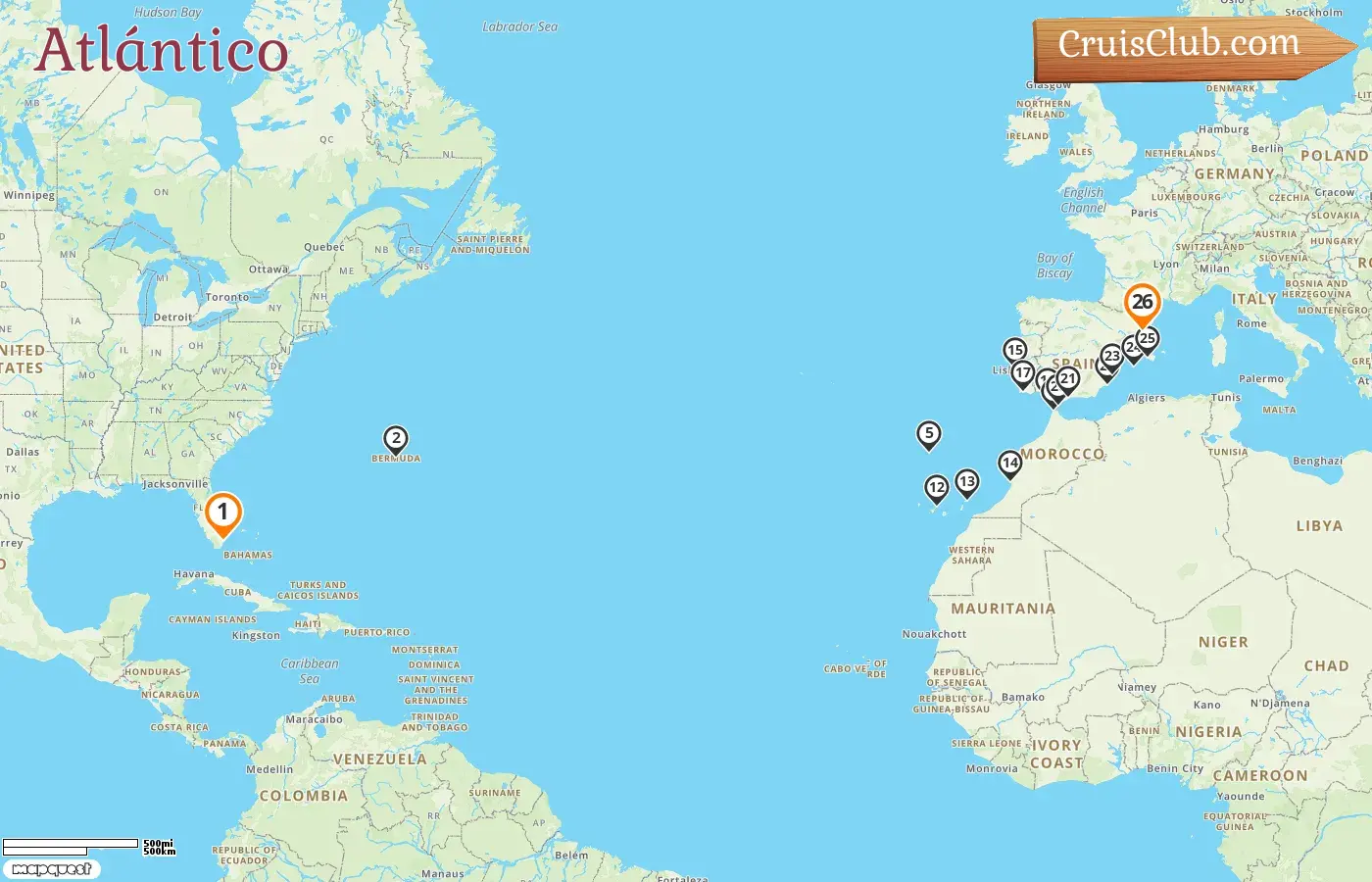 Crucero Transatlántico de Miami a Barcelona a bordo del barco Oceania Nautica con visitas a EE. UU., Bermudas, España, Marruecos, Portugal y Gibraltar durante 26 días