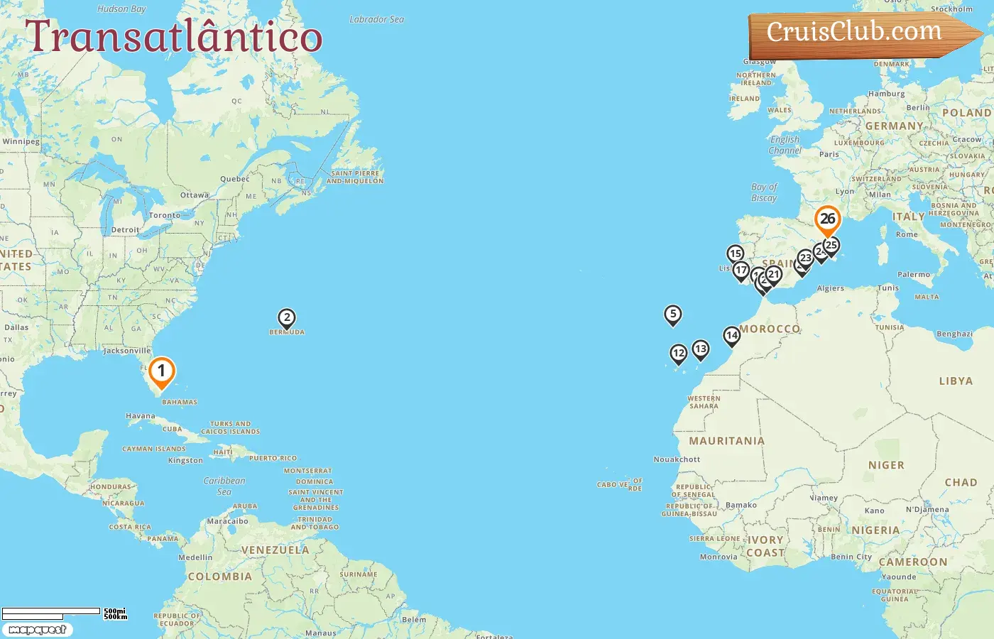 Cruzeiro no Transatlântico de Miami para Barcelona a bordo do navio Oceania Nautica com visitas aos EUA, Bermudas, Espanha, Marrocos, Portugal e Gibraltar por 26 dias